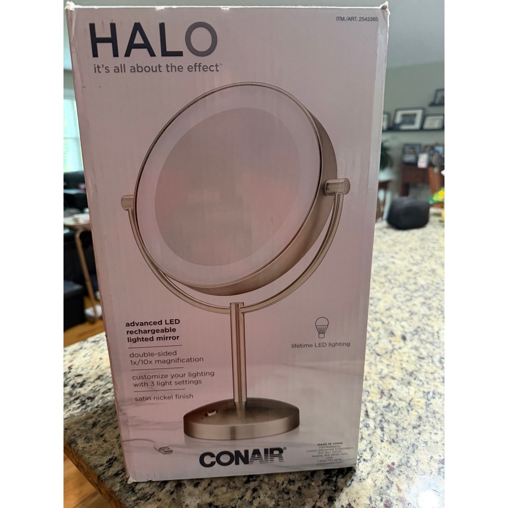 Conair HALO Lighted Vanity Mirror Rechargeable Touch Control Oval Satin Nickel